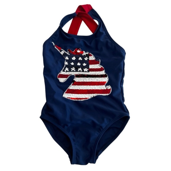 Btween Kids 3T Swim One Piece - Navy w/Sequence American Flag Unicorn - Like New - Picture 1 of 4